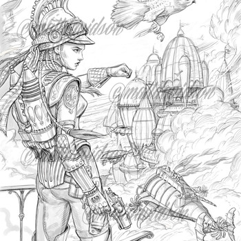 Sky Pirate Adult Coloring Page, Steampunk