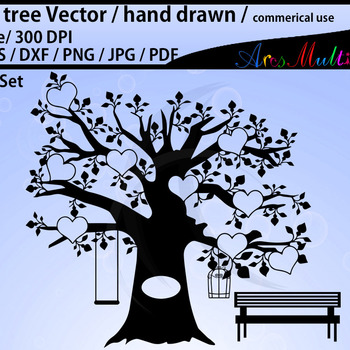 family tree silhouette clipart SVG, EPS, Dxf, Png, Pdf, / 9 heart set