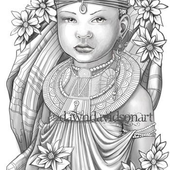 Princess Zumaridi, African art, beautiful black girl coloring page, coloring for adults, colouring for grownups