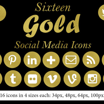 Gold Social Media Icons - 16 Icons in 4 sizes each- Round Gold Foil Icons