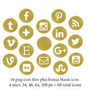 Gold Social Media Icons - 16 Icons in 4 sizes each- Round Gold Foil Icons