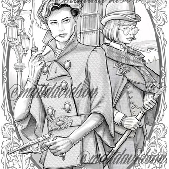 Herlock Kolmes, genderbent Sherlock steampunk coloring page for adults, instant download