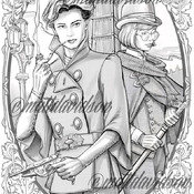 Herlock Kolmes, genderbent Sherlock steampunk coloring page for adults, instant download