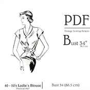 50s Shawl Collar Blouse Sewing pattern Bust 34" PDF Beginners Sewing Pattern Instant Download