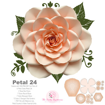 SVG PNG DXF Petal 24 20" Rose Giant Paper Flower Templates w/ Rose bud, Flat Centers & Bases Diy wedding, event decors n for nursery decor
