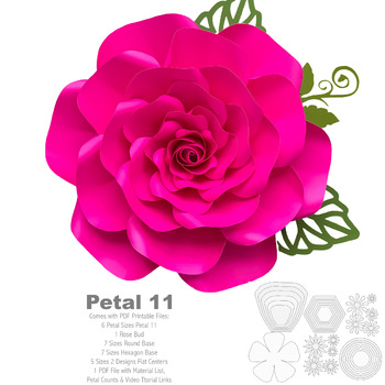 PDF Petal 11 Paper Flower template w/ Rose Bub Center Instant Download Printable Cut & Trace Stencil DIY 19-21 inches Rose + Centers n Bases