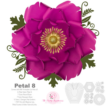 PDF Petal 8 Printable Paper Flowers Template with Base and flat centers instant download for trace n cut for wedding and events decorations