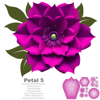 SVG PNG DXF Petal 5 Paper Flowers Template Flat Centers and Base Included Cut Files for Cricut Silhouette Machines for weddings and events