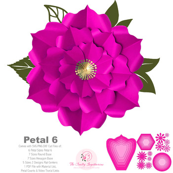 SVG PNG DXF Petal 6 Paper Flowers Cut Files for Cutting Machines no resizing needed includes Petal Templates, 2 Flat Centers and 2 Bases