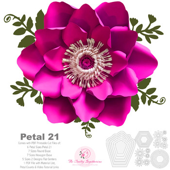 PDF PETAL 21 Paper Flowers UPDATED Template Printable to create 6 different Paper Flower Sizes + 5 Sizes Flat Center + 6 Sizes Base Diy art