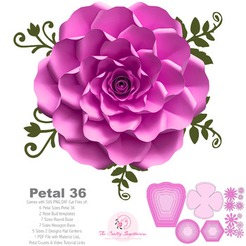 SVG PNG DXF  Petal 36 Paper Flowers Petal Template w Base Rose Bud & Flat Center Cricut n Silhouette Ready Diy craft weddings n event decor