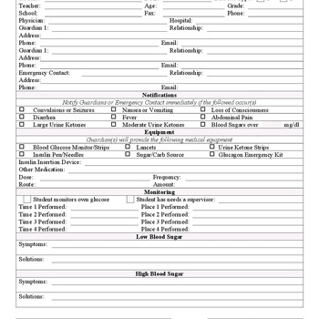 Diabetes School Plan Sheet