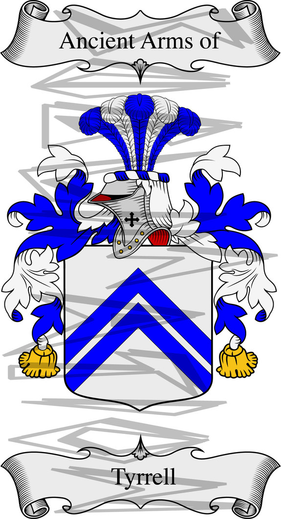 Tyrell Coat of Arms with Crest and Line Drawing.