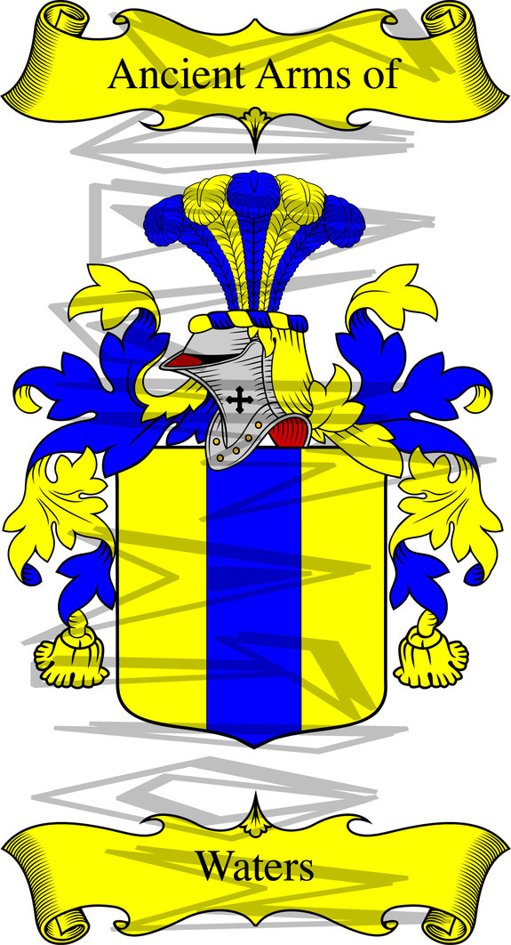 Waters Coat of Arms with Crest and Line Drawing.
