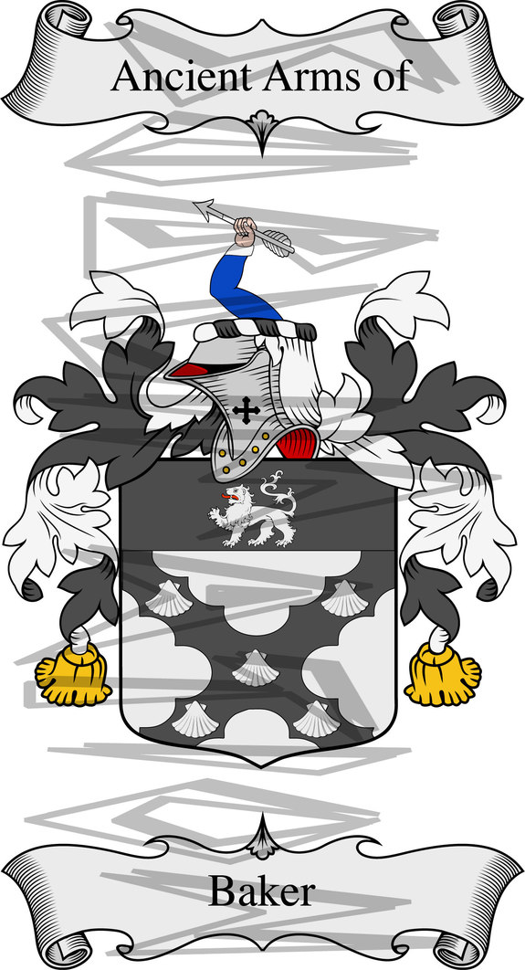 Baker Coat of Arms with Crest Line Drawing.