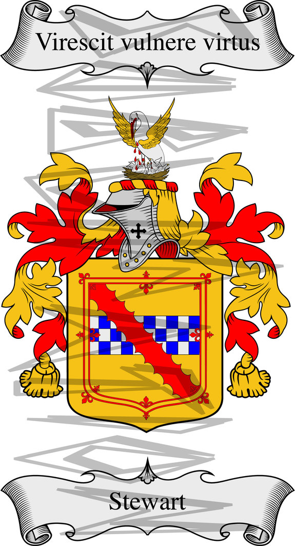 Stewart Coat of Arms with Crest and Line Drawing.