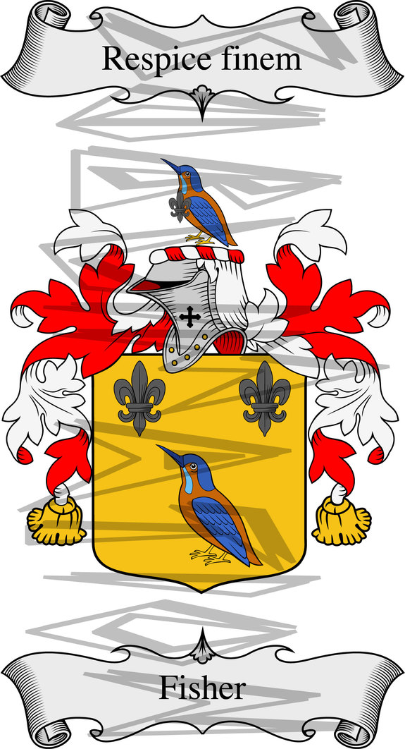 Fisher Coat of Arms with Crest and Line Drawing.