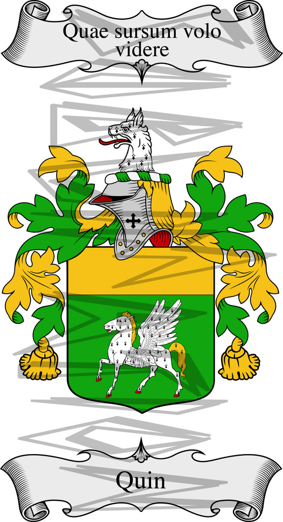 Quin Coat of Arms with Crest Line Drawing.