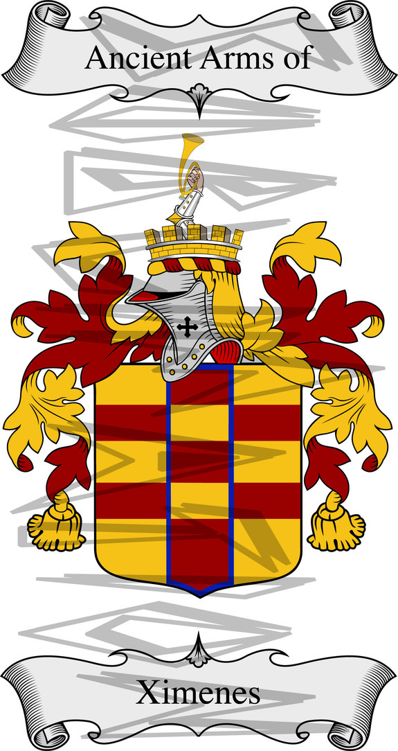 Ximenes Coat of Arms with Crest and Line Drawing.
