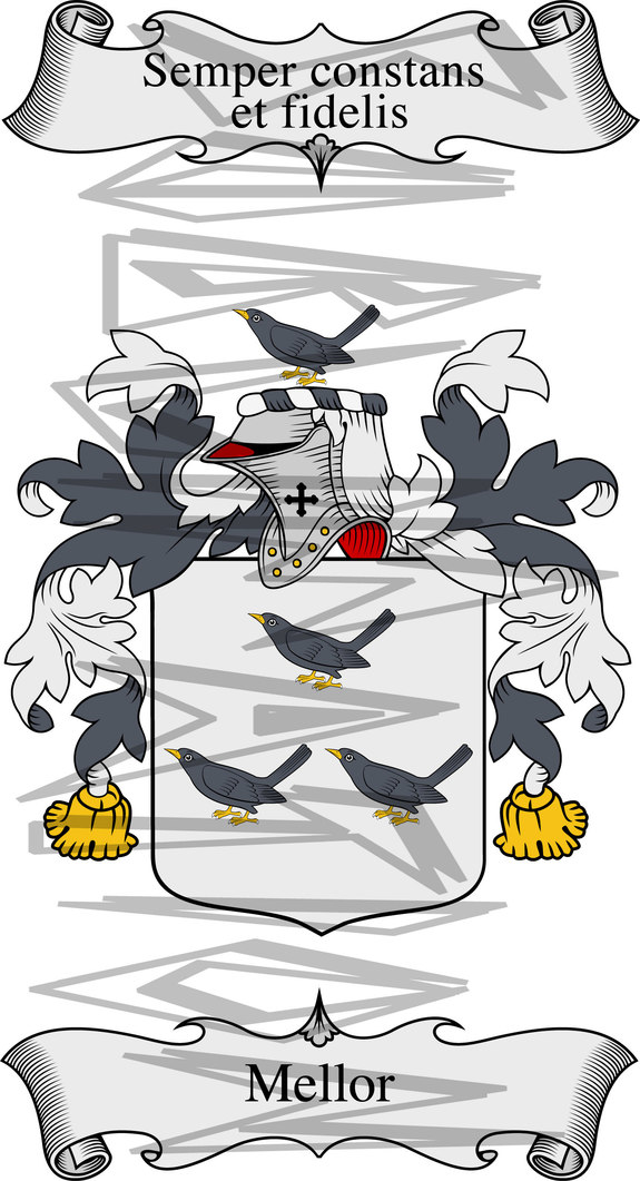 Mellor Coat of Arms with Crest Line Drawing.