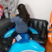 Barefeet walk and jump on yellow sofa and blue whale riding