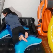 Barefeet walk and jump on yellow sofa and blue whale riding