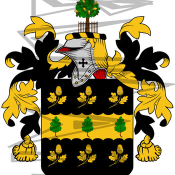 Oakes Coat of Arms with Crest and Line Drawing.