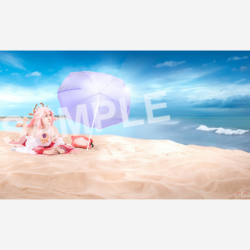 Yae Miko Beach swimsuit desktop wallpaper (Genshin Impact)