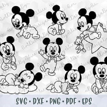 12 SVG PNG Mickey Mouse Baby Babies Outline Stroke Cut files Cricut Silhouette Iron on Transfer Sublimation Coloring Pages Template Stencil