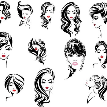 120 Woman Head Face drawing svg silhouette black and white image bundle clip art