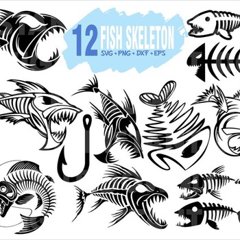 121 FISH SKELETON bone svg piranha skull clipart decal stencil vinyl cut file silhouette iron on