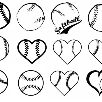 163 Heart Softball sacred svg baseball drawing black and white image clip art