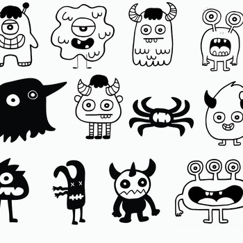 78 Monster drawing svg scary children's three-eyed scarecrow black and white clip art image