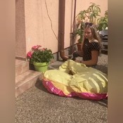 Monica inflating donutheart at the hot day