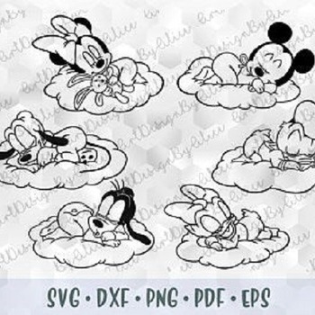 156 SVG PNG Baby Mickey Minnie Mouse Pluto Daisy Goofy Donald Sleeping Cloud Outline Cut files Cricut Silhouette Iron on Transfer Disney Bab