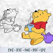 233 SVG PNG Winnie the Pooh Enjoying Tea Layered Cut file Outline Cricut Silhouette Iron on Transfer Sublimation Clip art Classic Winnie svg