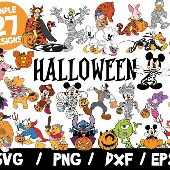 48 Disney Halloween SVG Bundle, Mickey Halloween SVG, Minnie Halloween, Mummy, Donald, Monsters Inc, Winnie, Eeyore, Tigger, Stitch Hallowee