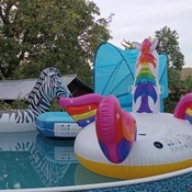 Inflating inflatable lounge island and unicorn