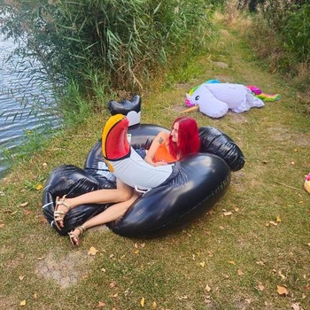 Lena deflating Toucan and other inflatables