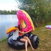 Lena deflating Toucan and other inflatables