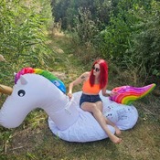 Lena deflating Toucan and other inflatables