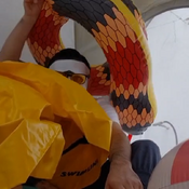 Blow a big inflatable insite a camping tent