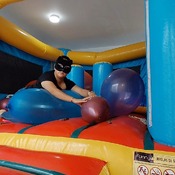 Popping balloons by nail and ride to pop in the inflatable castle!!!