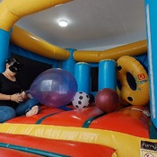 Popping balloons by nail and ride to pop in the inflatable castle!!!