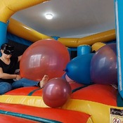 Popping balloons by nail and ride to pop in the inflatable castle!!!